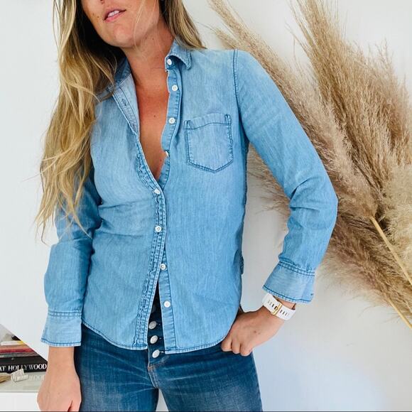 J CREW Blue Denim Jean White Button Down Front Classic Casual Blouse Shirt Top 0 - Picture 1 of 9